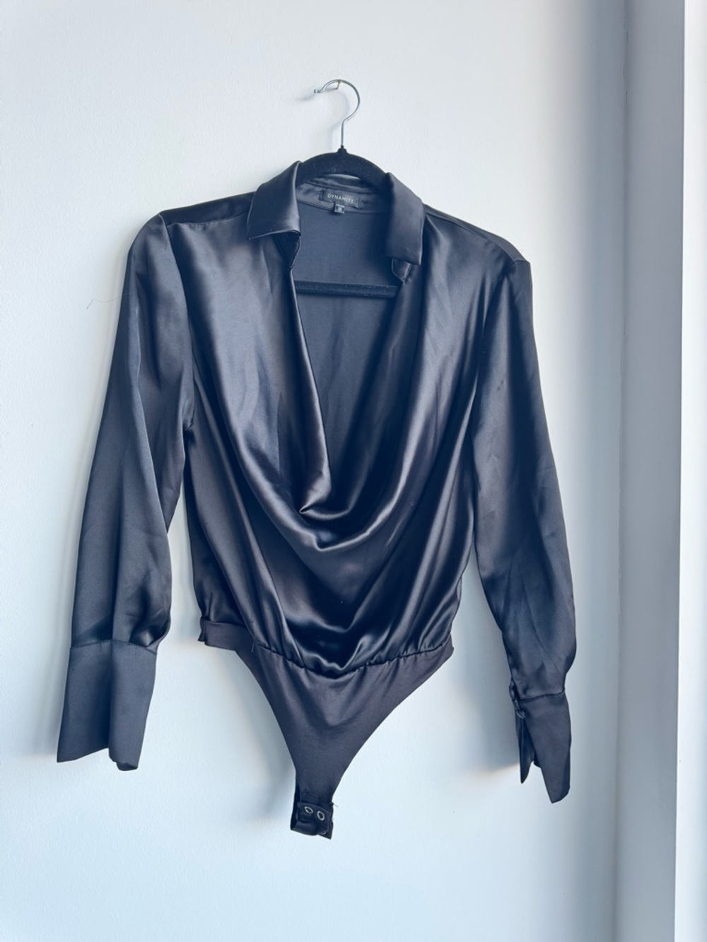 Dynamite Black Satin Draped V-Neck Bodysuit